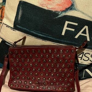 Frye Jenna Disc Studded Triple Satchel Burgundy Leather Crossbody Bag